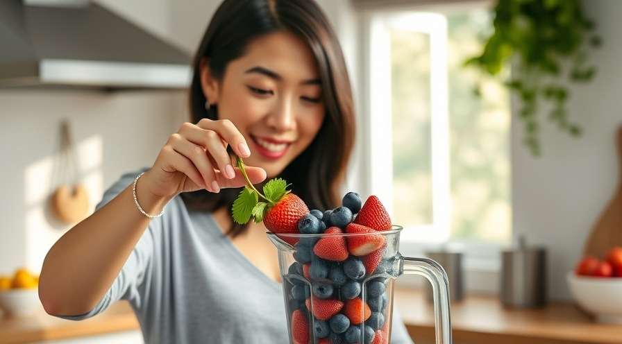 woman blending fresh blueberries and strawberries in a morning kitchen.