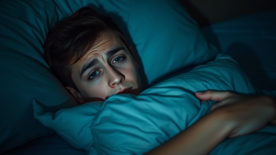 Young adult tired and worried in bed, soft lighting, cinematic style.