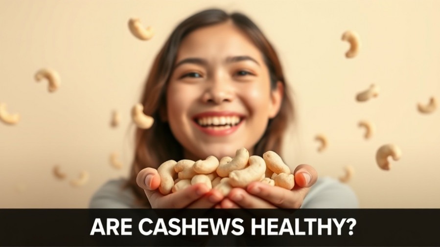 Joyful young woman marvels at cashews, showcasing healthy snacks and food safety.
