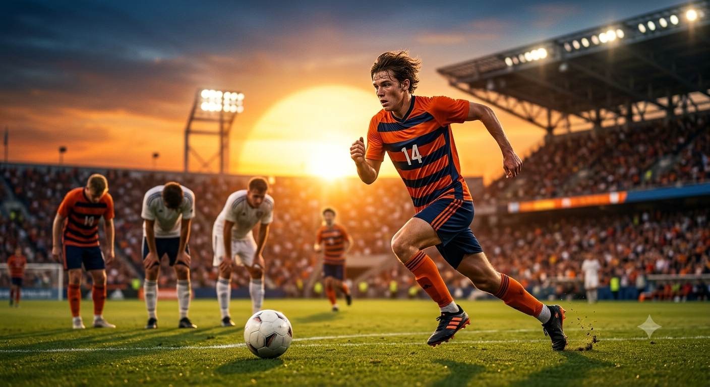 soccer player making one final determined sprint toward a loose ball