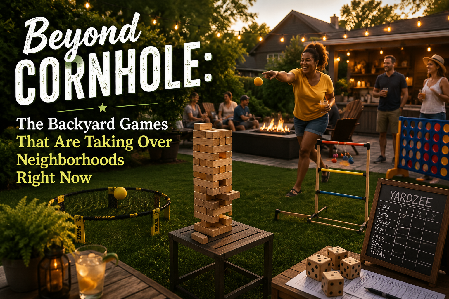 Smiling friends playing backyard games in golden hour sunlight.