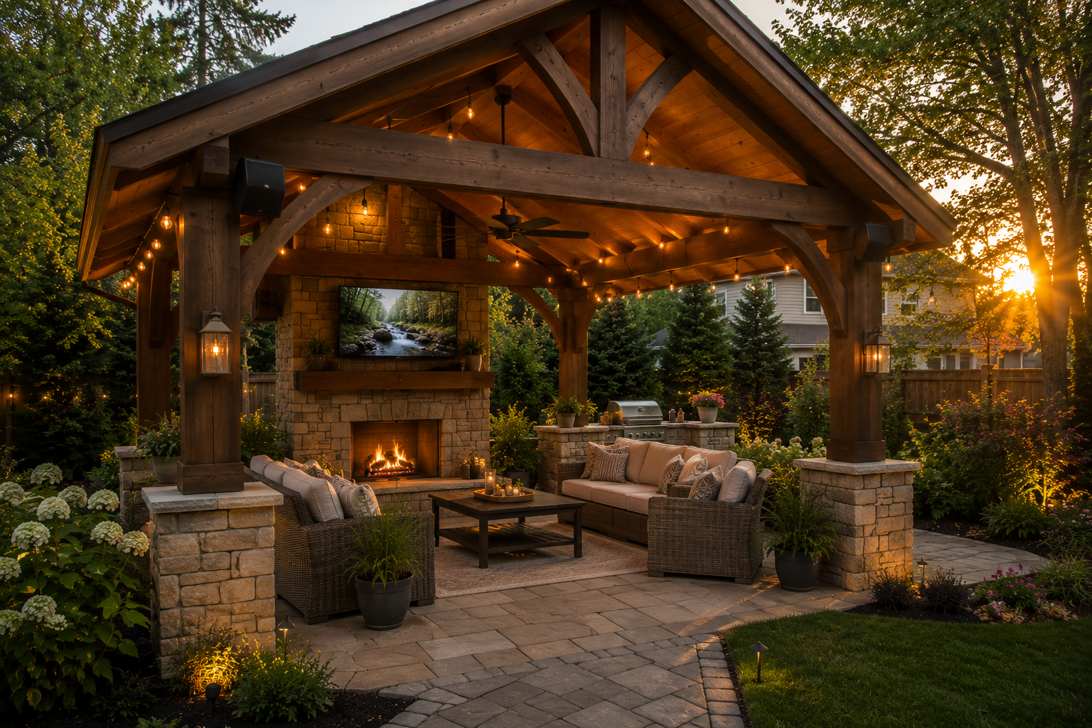 Cozy evening patio under warm lights