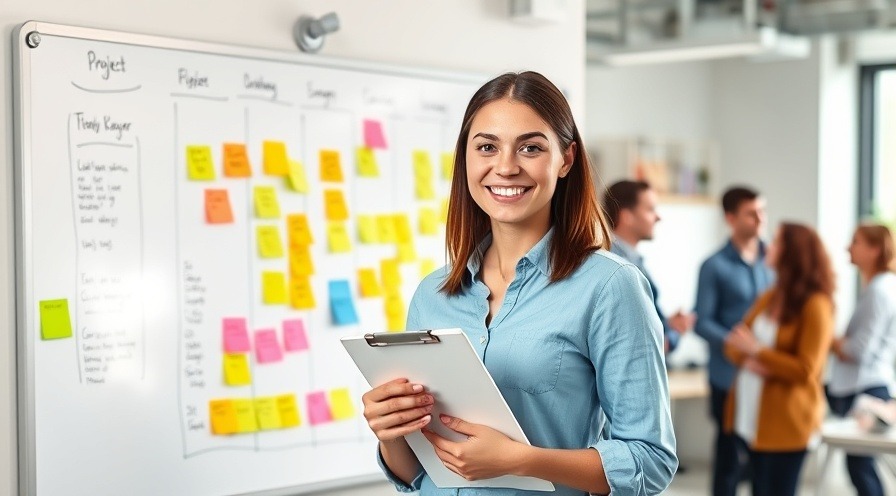 Early-career professional managing a project with a clipboard and sticky notes in a casual tech office