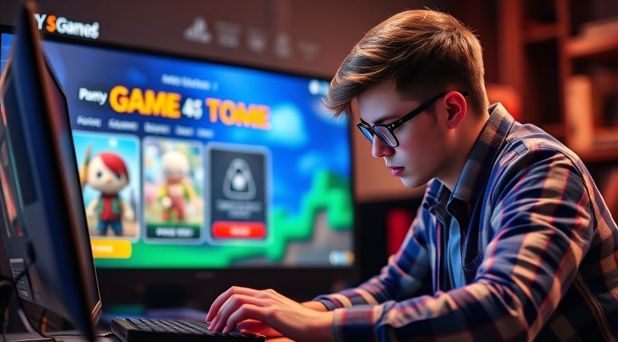 Young male adult building a game website on his laptop.