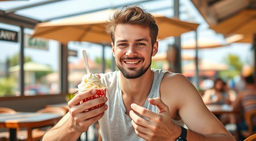 male enjoying ice cream at a restaurant on a sunny summer day