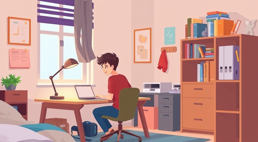 Cartoon college student at a small desk with laptop in dorm room.