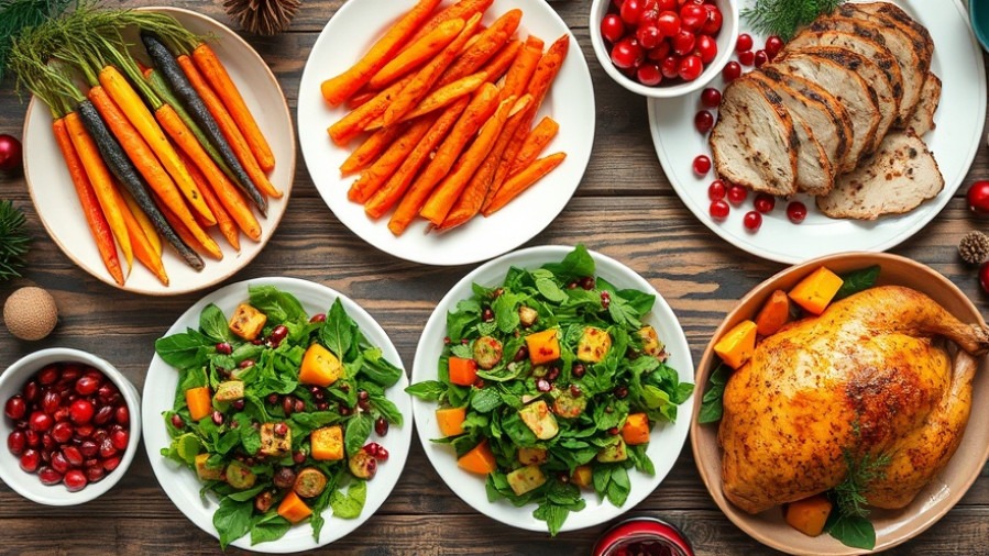 Festive table spread with healthy Christmas dishes: roasted carrots, turkey, and vibrant salad.
