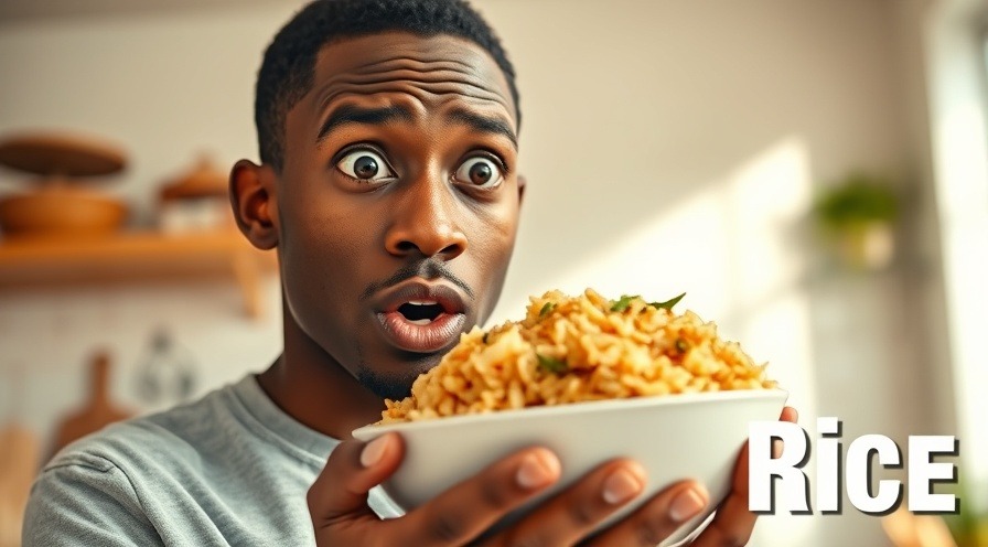 Surprised young male holding a bowl of fried rice in bright kitchen.