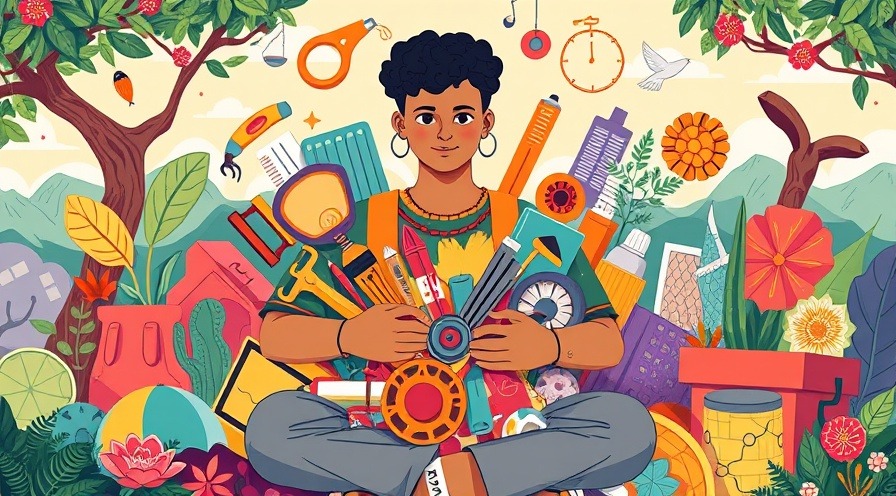 Resilient person assembles a vibrant toolkit in a colorful, nature-inspired scene.