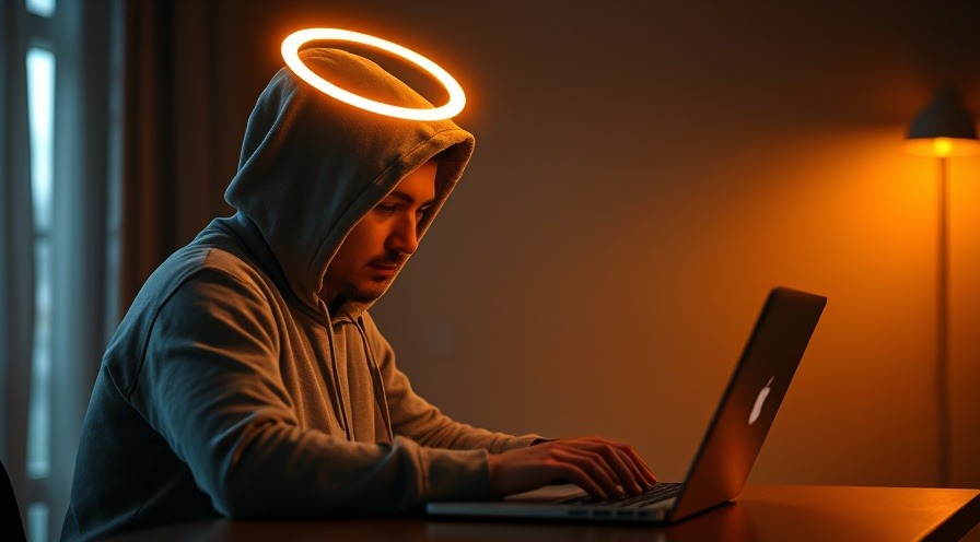 A person in a hoodie with a halo working on a laptop, symbolizing creativity.