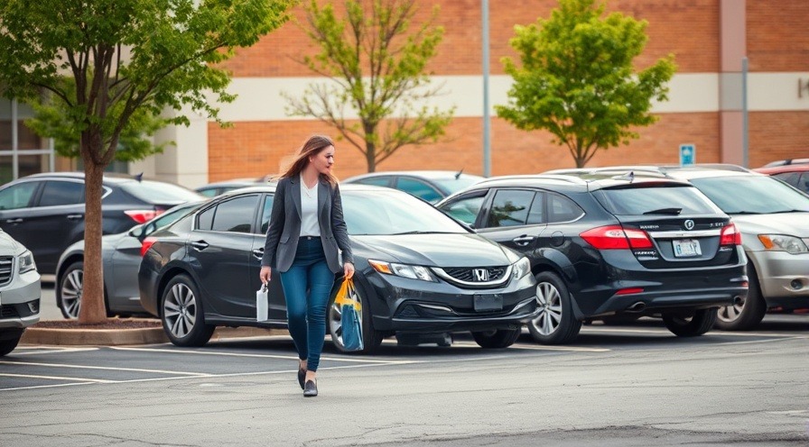 Business woman exhibiting situational awareness while walking to her car in a parking lot.
