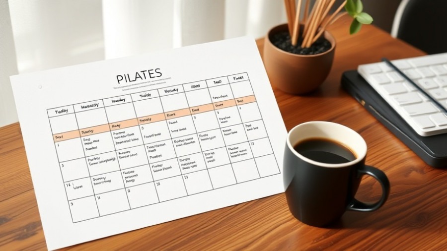Morning pilates schedule on a desk with coffee cup, perfect for planning.