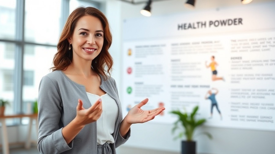 Professional woman highlights gut health and dietary fiber benefits of protein powder.