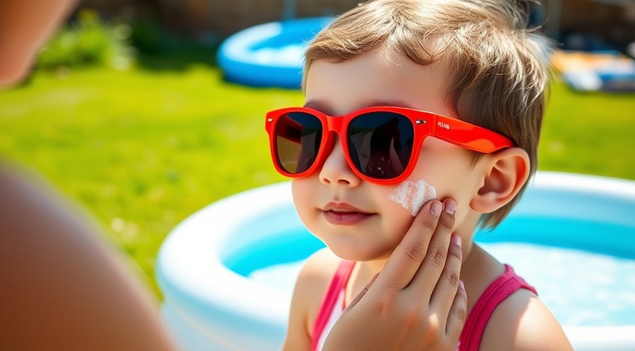 Toddler in red sunglasses getting mineral sunscreen for UV protection in sunny backyard.