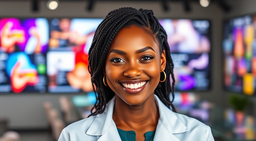 Professional black woman in a coat promoting natural lung health foods, vibrant backdrop.