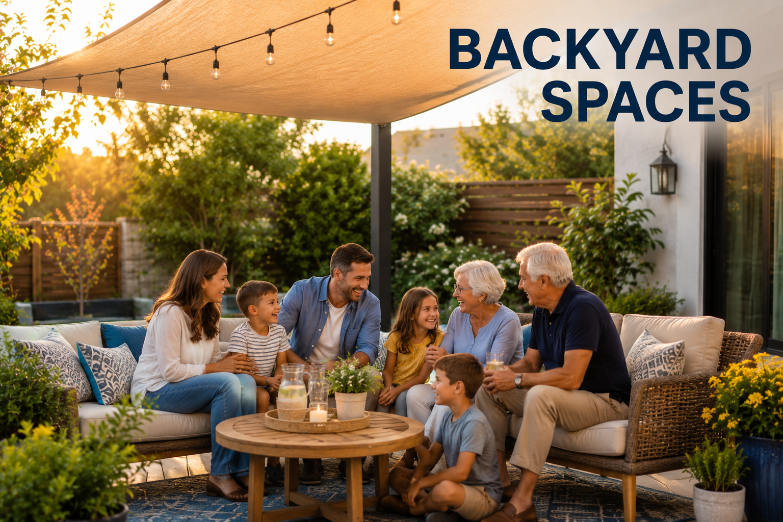 Family gathering in cozy backyard space