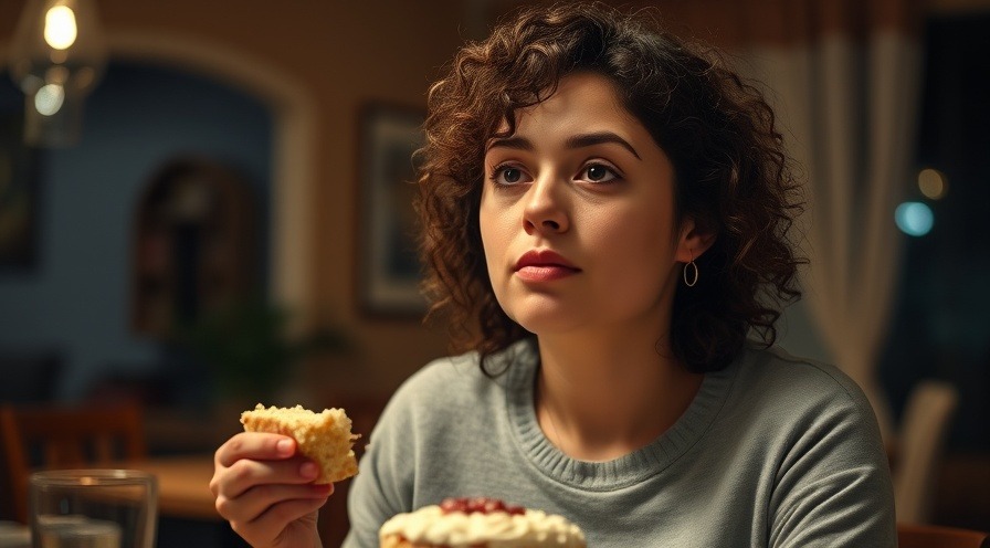 Young woman enjoying cake in cozy indoor setting, embracing wellness strategies.