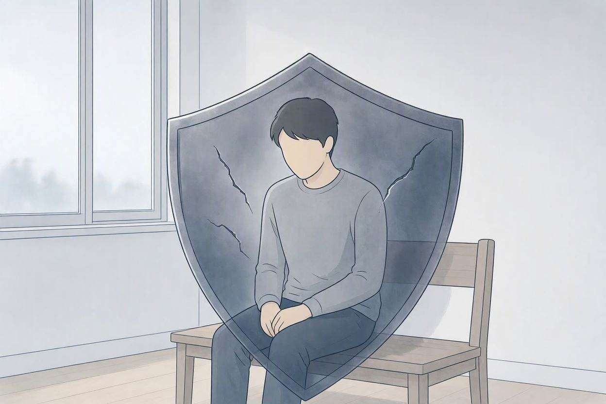 person sitting alone with cracks in protection