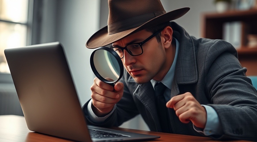 Detective with magnifying glass examining laptop in daylight.