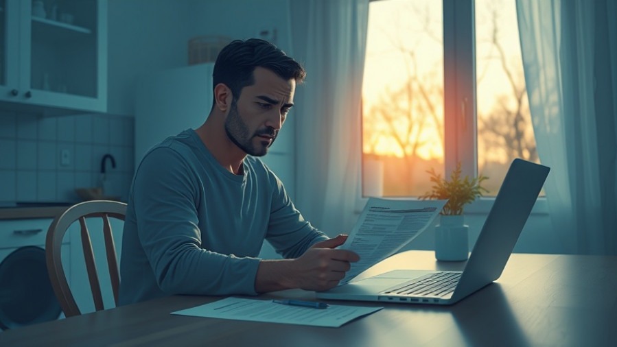 Stressed adult at kitchen table with tax documents, soft daylight, modern photography.