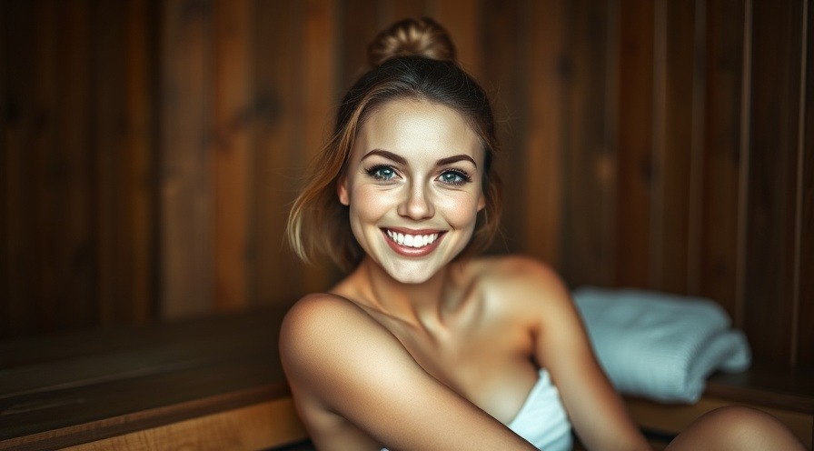 Smiling woman in sauna promoting heart health and wellness trends.