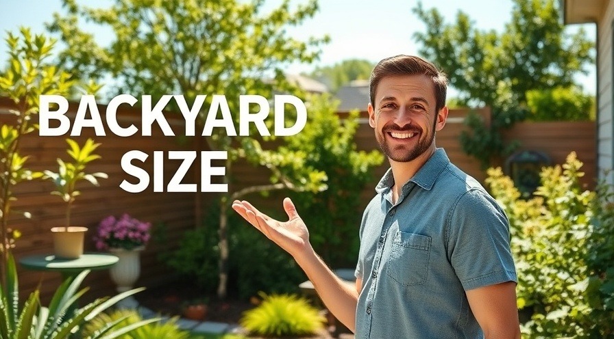 Cheerful person in lush small backyard showcasing clever landscaping in bright sunlight.