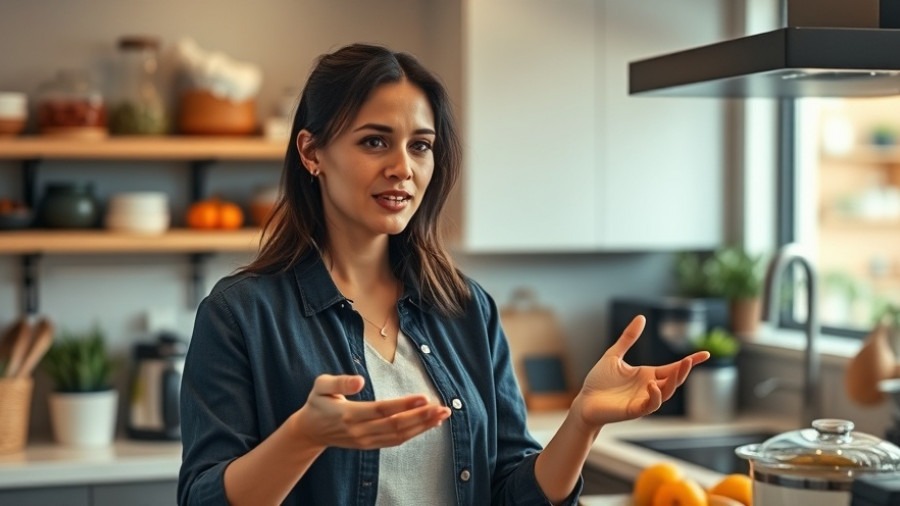 Confident woman discusses processed foods and nutrient-dense foods in a modern kitchen.