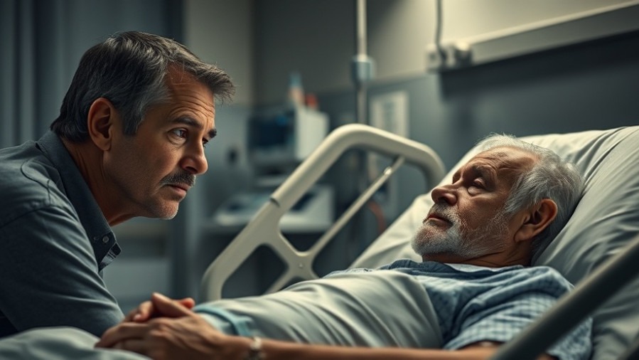 Concerned middle-aged man monitors older man in hospital, highlighting men's health and longevity.