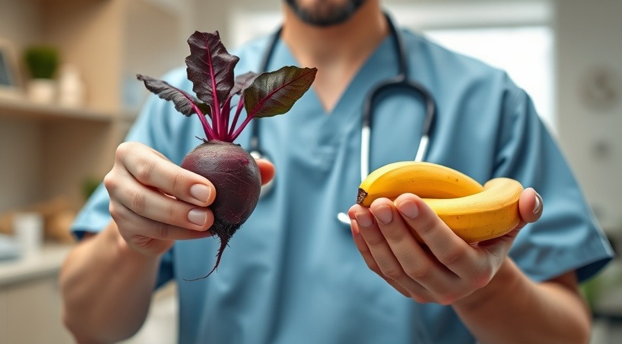 Doctor in scrubs discussing health benefits of fruits while talking with doctors.