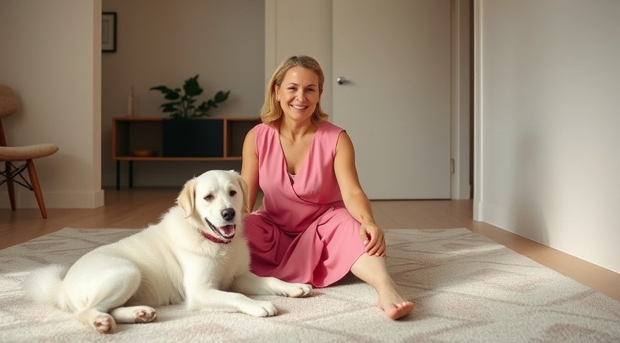 woman in a pink dress discussing muscle weakness and arthritis exercises with her dog.