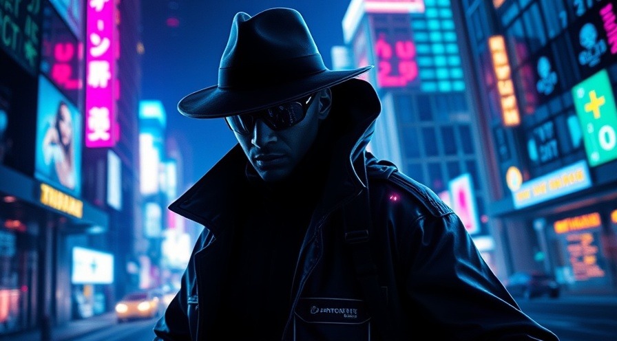 Futuristic cyber detective in neon cityscape, with digital code and intrigue.