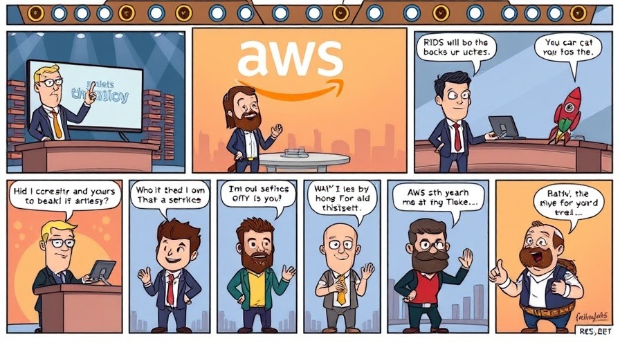 Comic strip showcasing AWS services as reality show contestants with fun accessories.