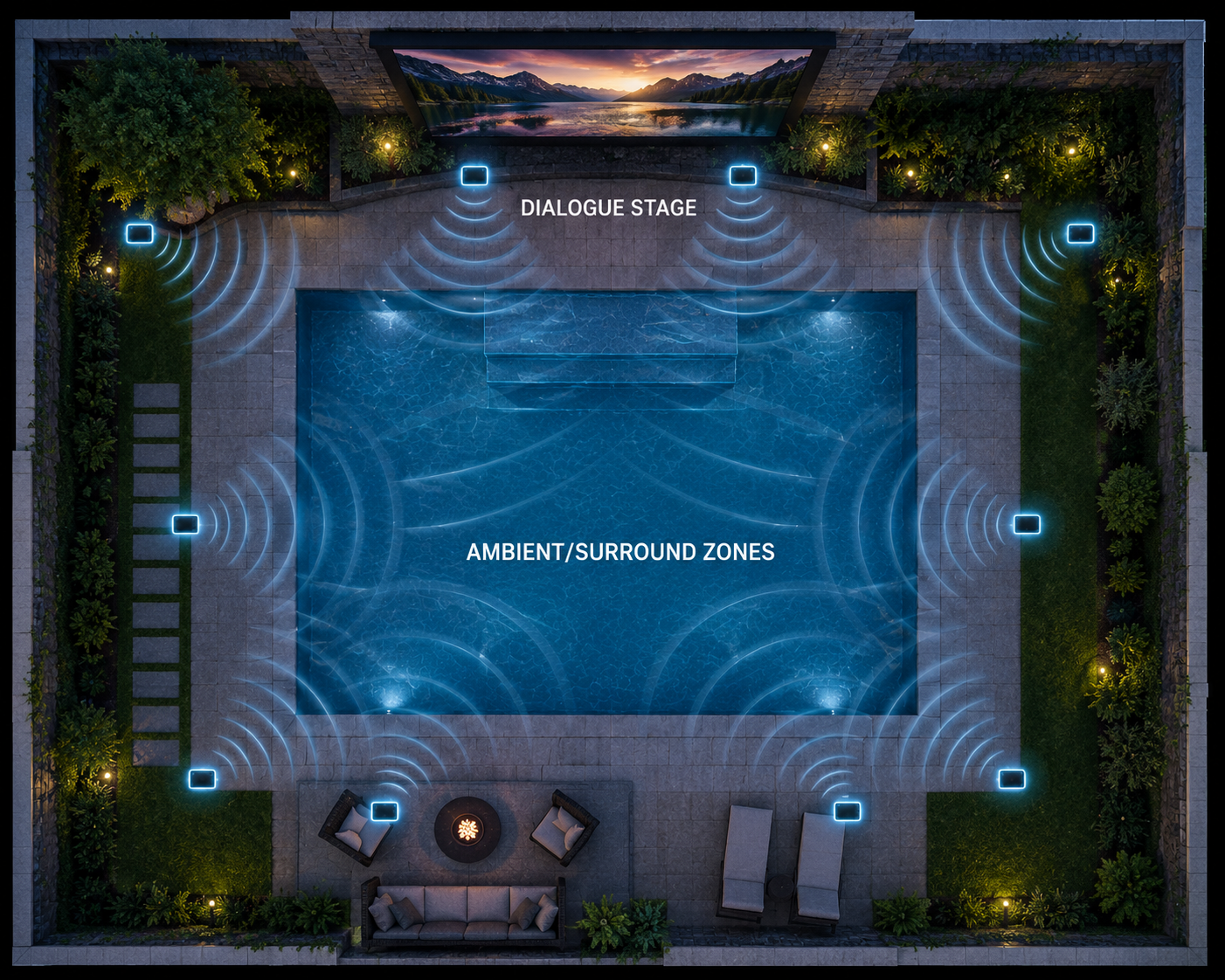 Backyard home theater layout with pool