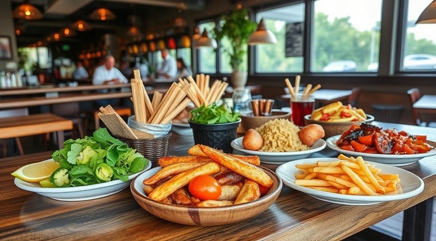 A vibrant culinary scene showcasing coastal Carolina flavors and seafood in coastal cities.