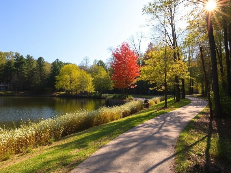 Beautiful walking trail near a lake on a sunny day in Wake Forest, NC.