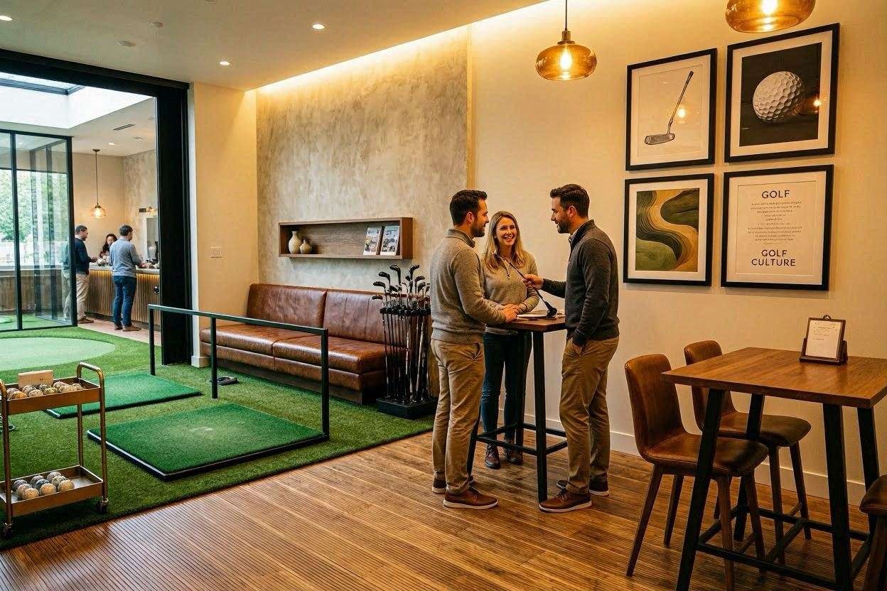 A stylish golf practice lounge