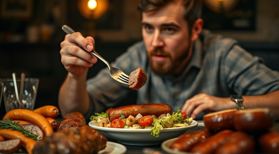 Man savoring a plant-based sausage, showcasing nutritious meat alternatives in warm, intimate lighting.
