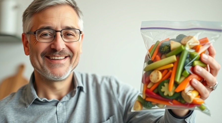 Middle-aged man smiling with a bag of frozen vegetables, highlighting frozen vegetables nutrition.