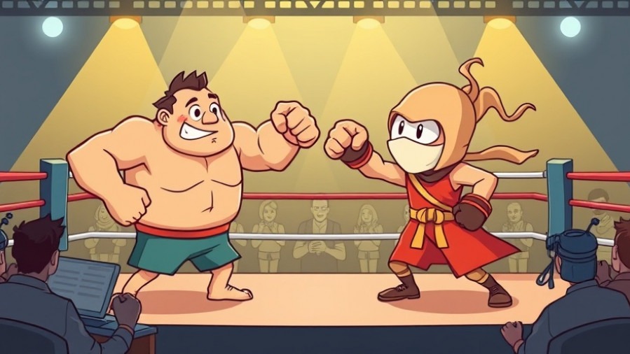 Cartoon boxing ring with 'Bandwidth' flexing and 'Latency' ready to fight, lively audience.