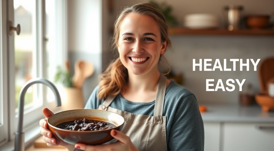 Cheerful home cook holding black bean stew in a bright kitchen, smiling warmly.