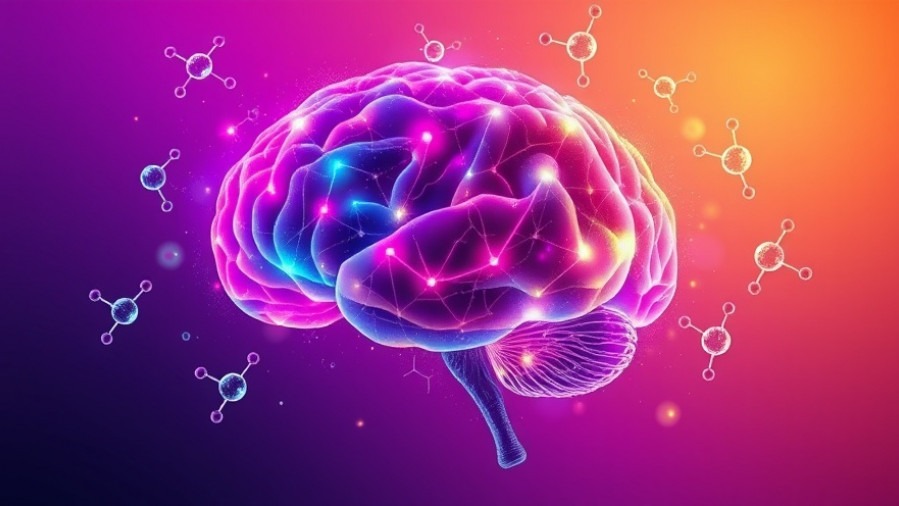Vibrant illustration of a glowing brain with colorful neural pathways and mood-enhancing molecules.