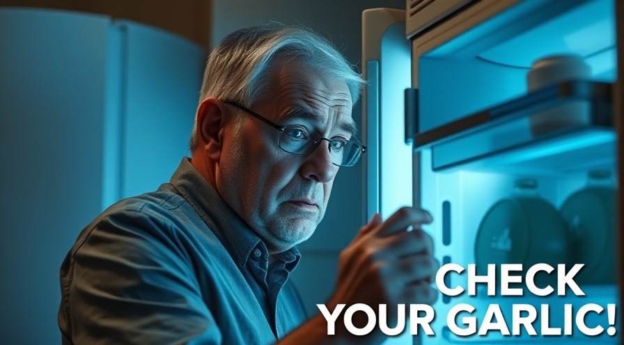 Worried man checking garlic in open fridge, cool blue kitchen lighting.