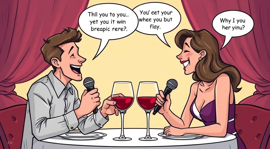 Couple enjoying a romantic dinner, laughing with microphones and colorful cartoon punchlines.