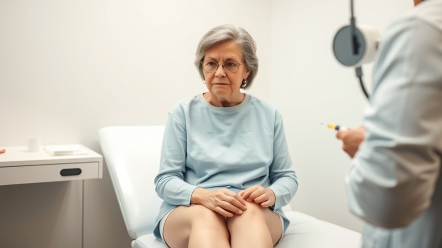 Middle-aged woman cautiously discussing knee concerns with a doctor.