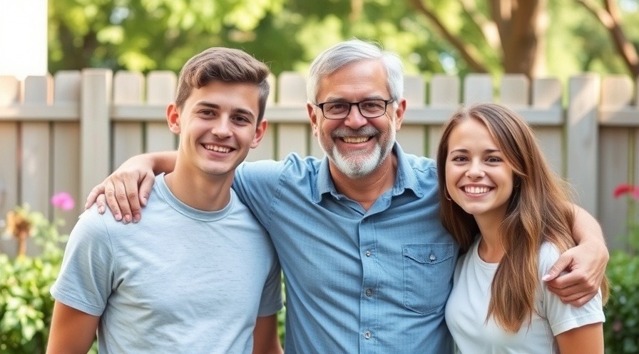 Happy dad celebrating Father's Day with his teen son and daughter in the backyard.