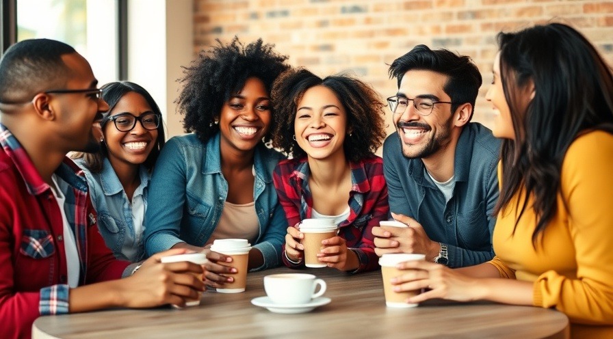 Diverse friends enjoying coffee, symbolizing healthy relationships and communication in warm daylight.
