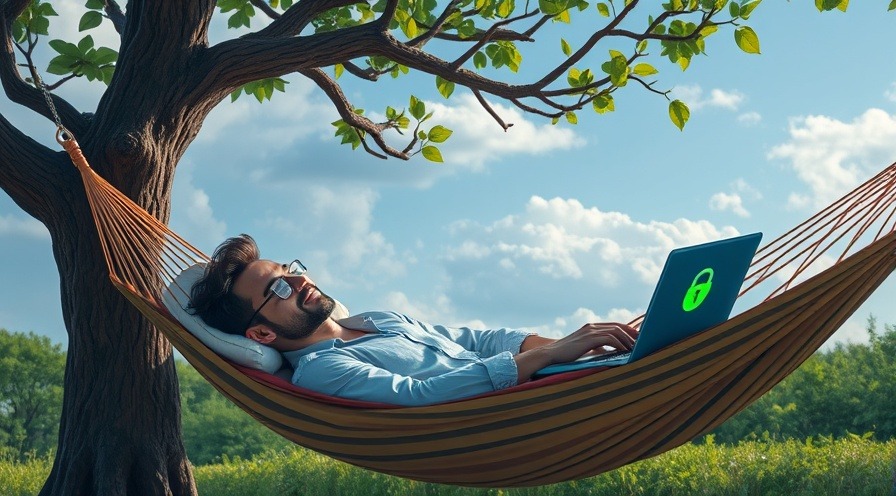 DevOps engineer sleeping in hammock with laptop showing security checkmark.
