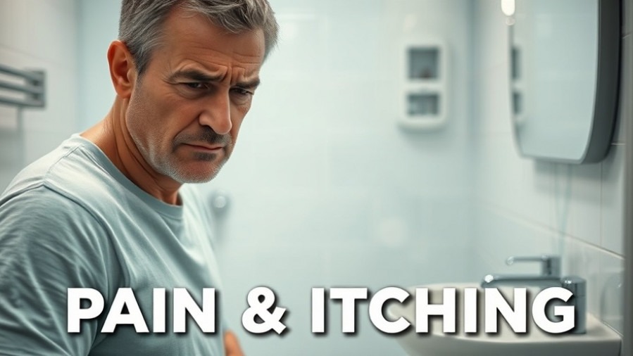 Concerned adult in bathroom wincing, discussing hemorrhoids symptoms and two doctors opinions.