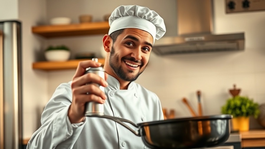 Smiling home chef in a modern kitchen, using cooking spray with curiosity.