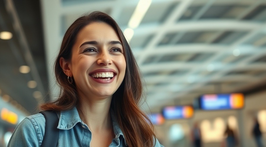 Smiling woman at Greensboro airport, showcasing North Carolina travel vibes.